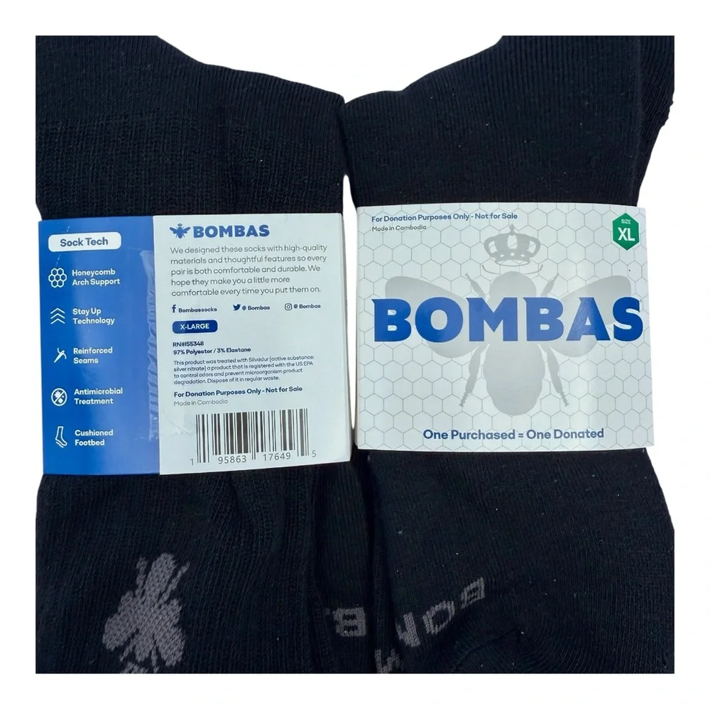 Bombas Mens‎ Crew Socks 2 Pair Black Grey Stripe Honeycomb Arch Support Size XL